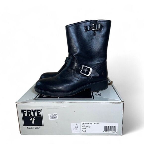 Frye Engineer Pull-on Mid-Calf Leather Boots Black 3497501 Youth 4 Women's 6 - Picture 1 of 11